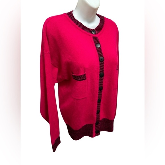 VTG Moods By Krizia Lambswool Angora Dark Pink Cardigan Sweater L Pockets Cozy - Picture 3 of 7